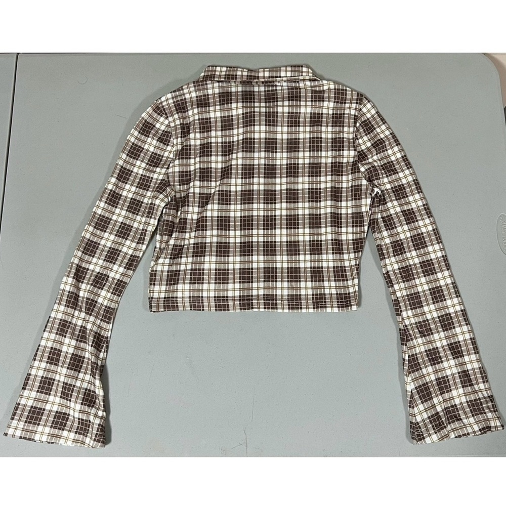 Brown Plaid Checkered Collared Button-Down Long S… - image 4